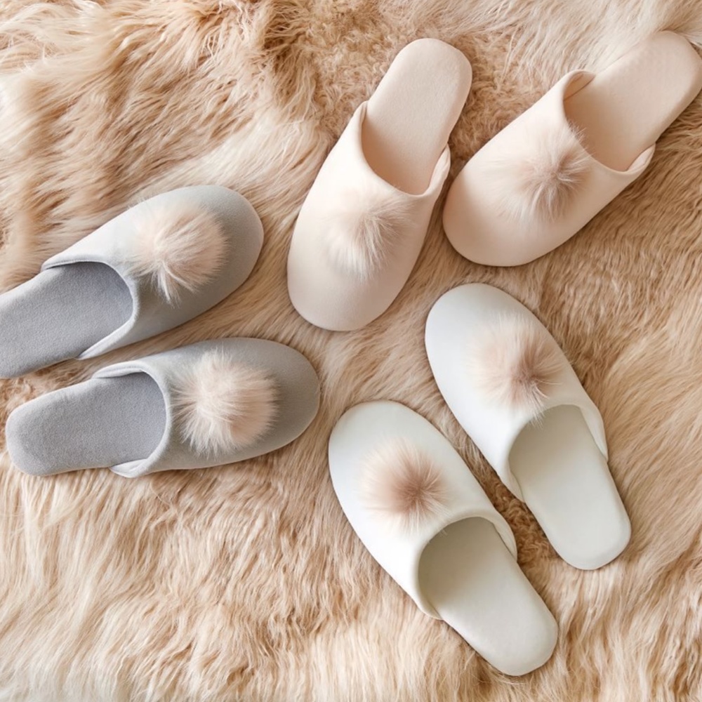 Pottery Barn Velvet Pom Pom Slippers in Grey Large